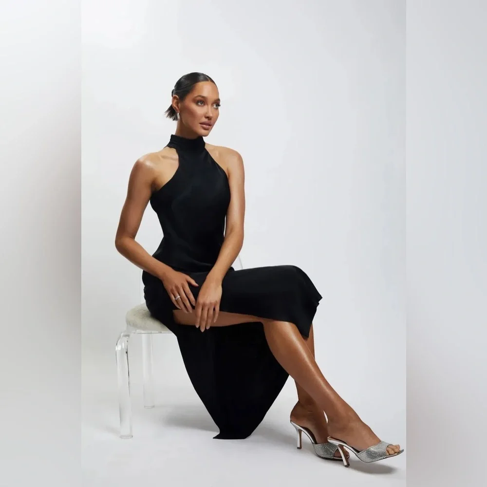 Satin Drape Back Maxi Dress with Split Black Small - Picture 2 of 15